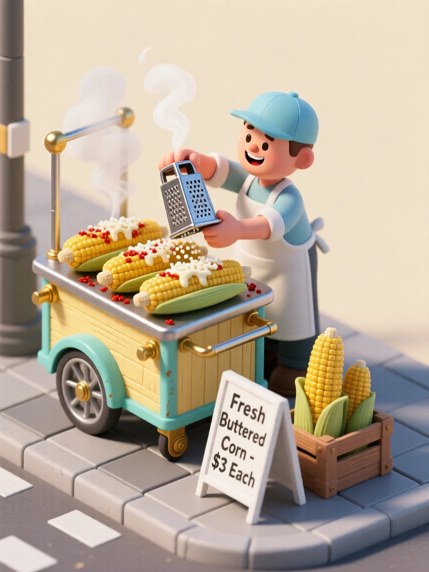 A bustling street corn cart with cobs slathered in butter and spices, steam rising, and a vendor sprinkling cheese generously on top.