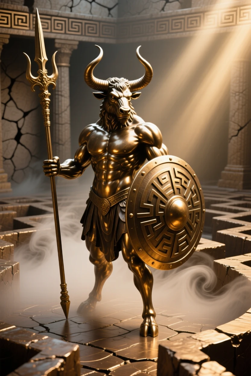 A minotaur standing guard in a labyrinth, surrounded by swirling mist and light, radiating awe and grandeur