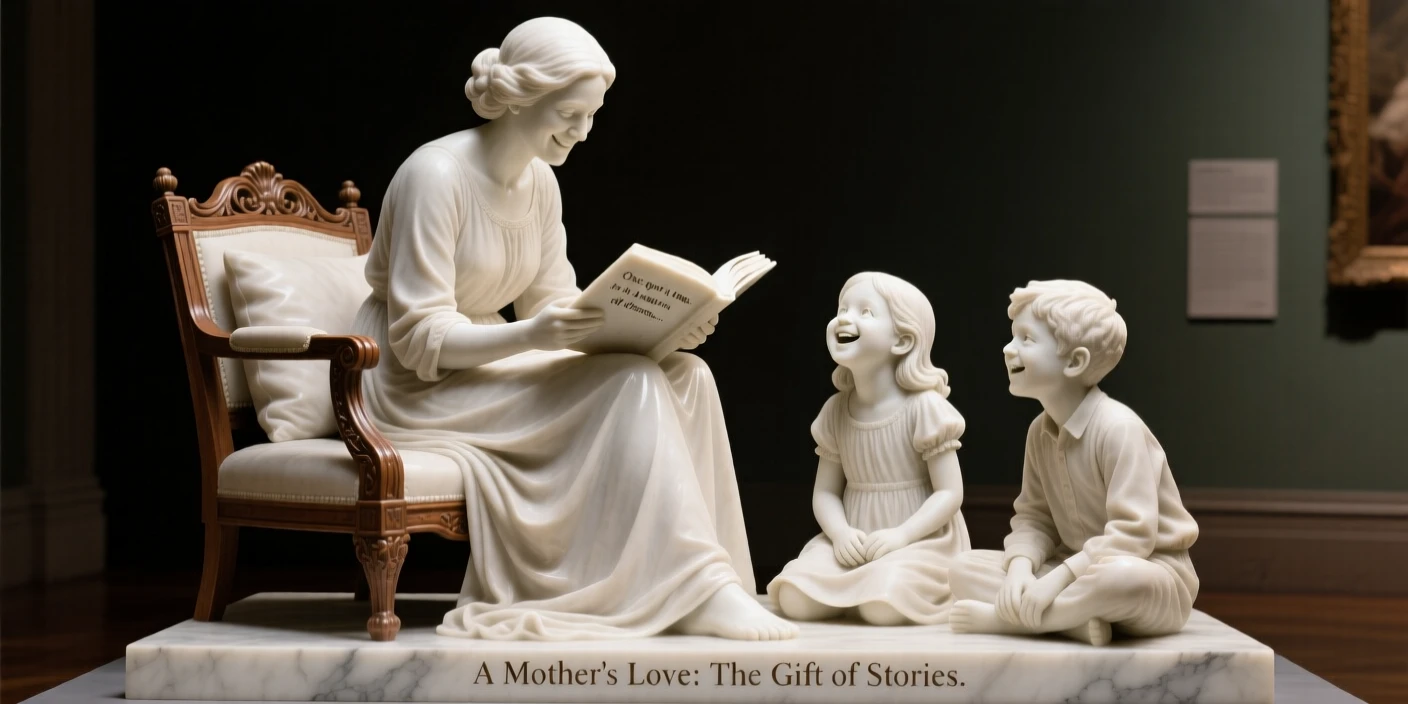 A heartwarming depiction of a mother reading a bedtime story to her children, full of laughter and genuine connection