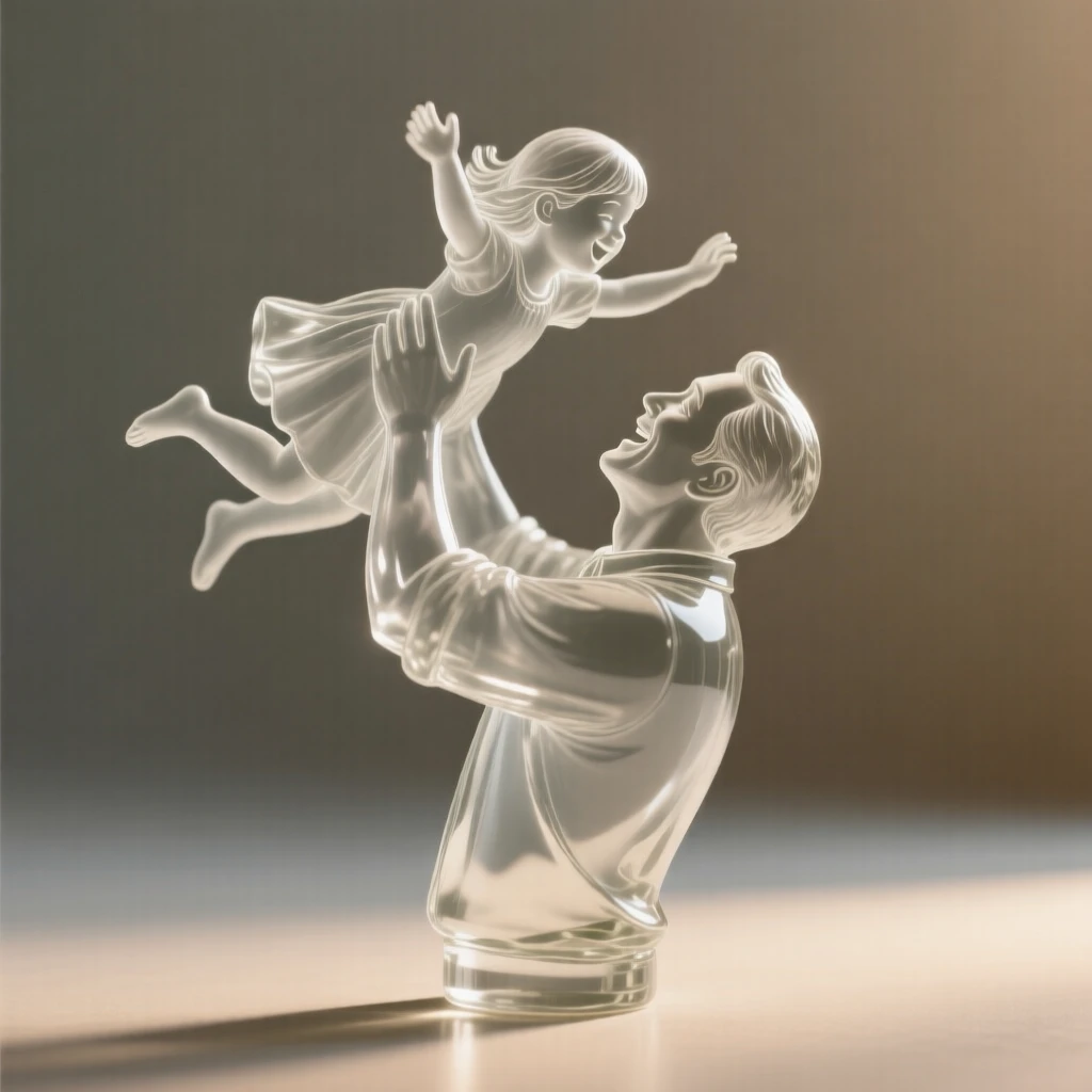 A father lifting his daughter into the air set against a simple blurred background, dramatic side lighting carving out the features, mood tender and heartfelt.