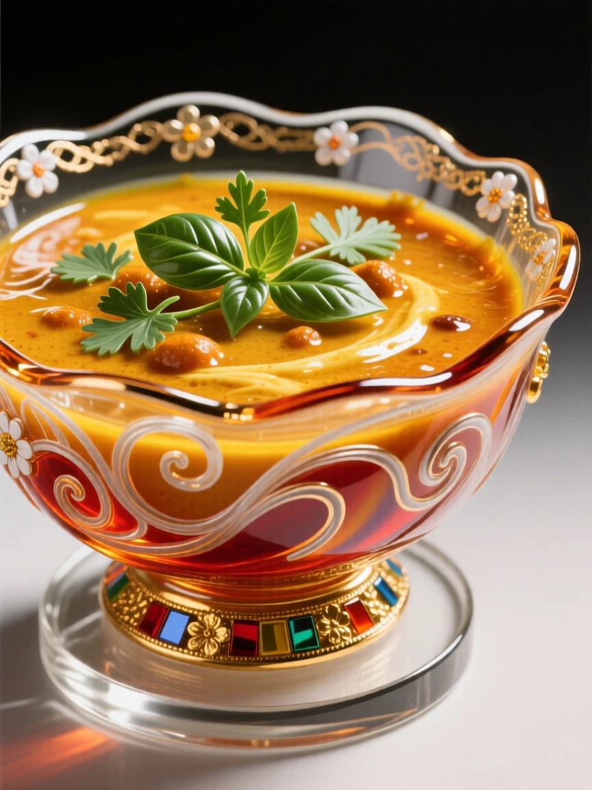 A bowl of vibrant curry garnished with fresh herbs, aromatic and inviting.