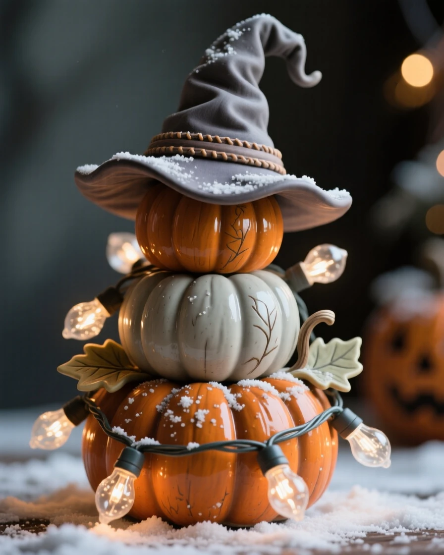 A witch's hat perched atop a stack of pumpkins framed by twinkling holiday lights, dusted lightly with glittering snow, capturing the magic of a beloved seasonal moment.