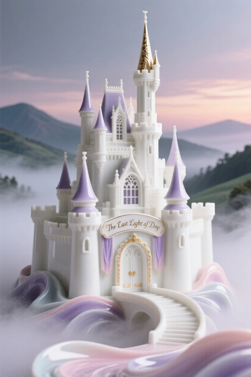 A fairytale castle rising above a misty valley, its towers catching the last light of day.