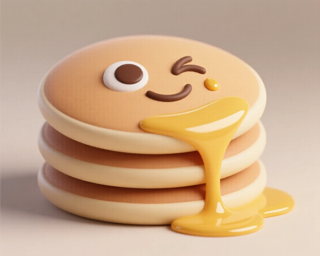 A friendly stack of pancakes with a syrupy smile winks as golden syrup drizzles down its fluffy sides.
