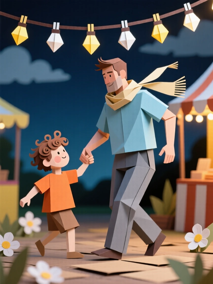 A father and his son dancing beneath string lights at an evening festival, with a light breeze catching loose hair and fabric, evoking warmth and quiet connection.
