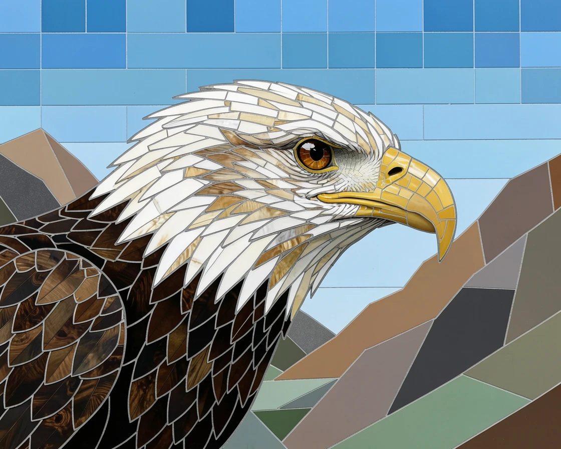 A close-up portrait of a bald eagle soaring above a rugged mountain valley, showing rich fur or feather detail and expressive eyes.
