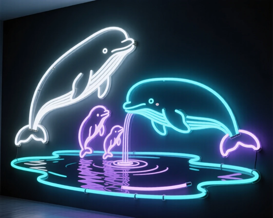 A family group of beluga whales gathered near a watering hole.