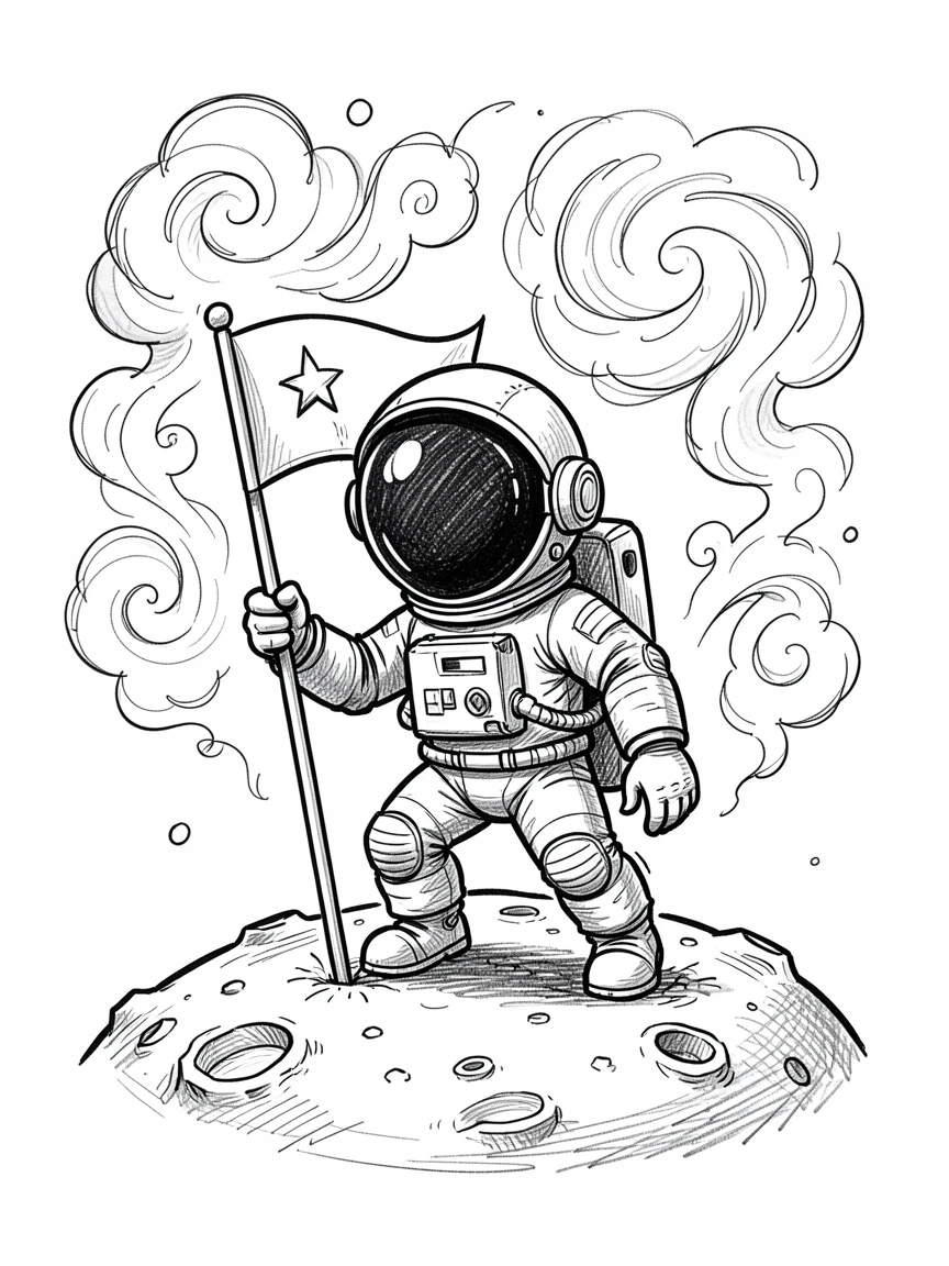 An astronaut planting a flag on the moon against a backdrop of swirling nebula clouds.