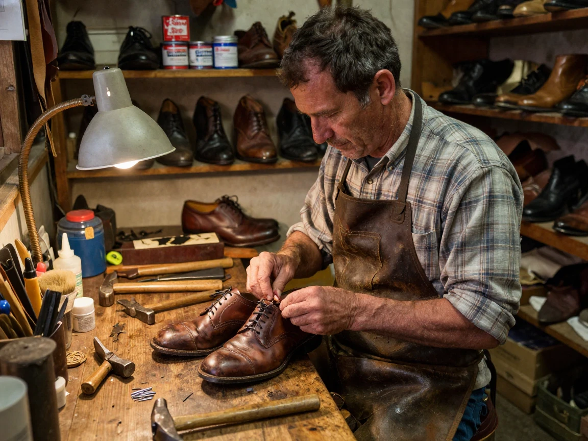 A cobbler repairs a pair of leather shoes at a cluttered workbench lit by a single lamp.