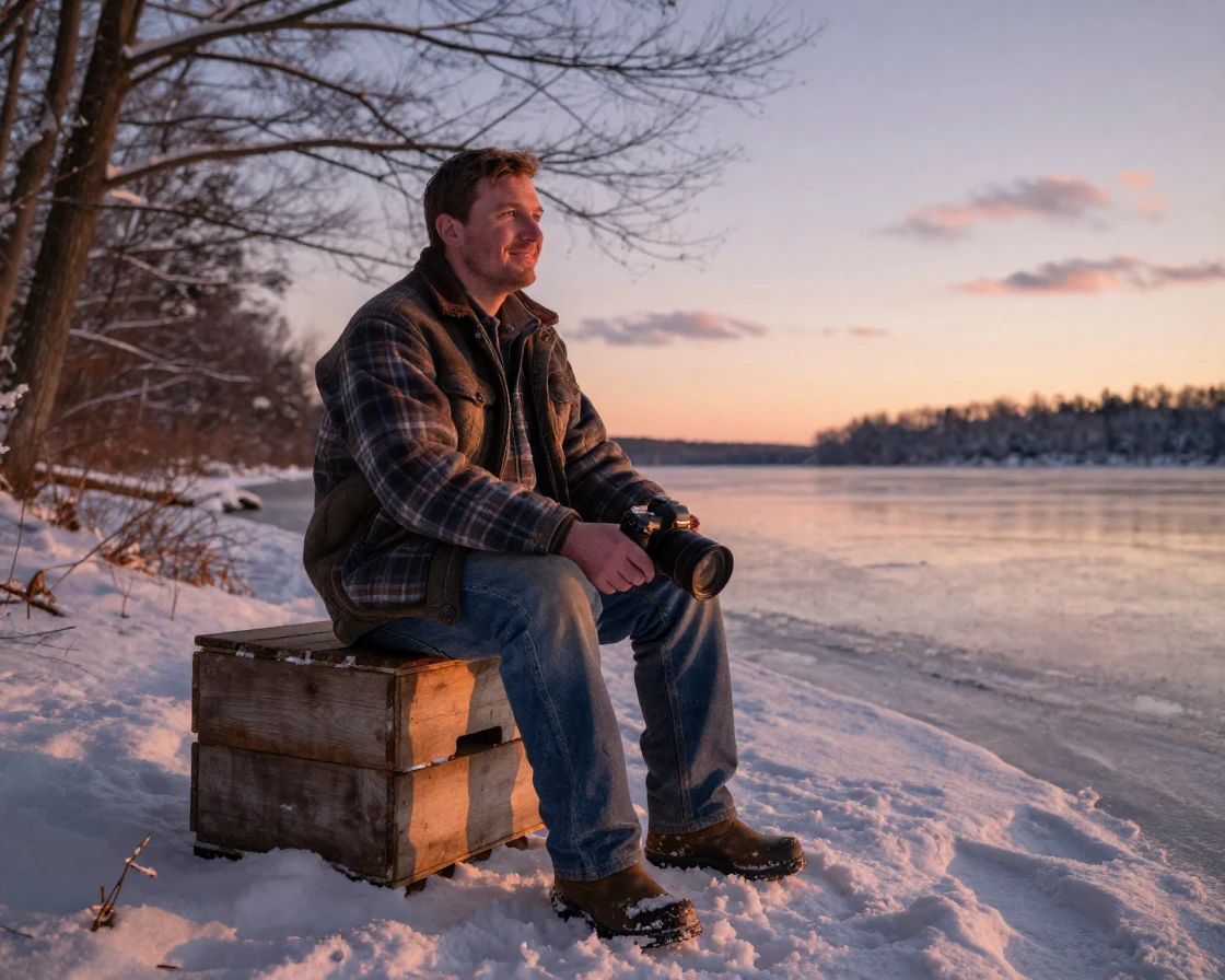 A newly married farmer resting after a long day of work beside a frozen lake in winter, a gentle smile crossing their face