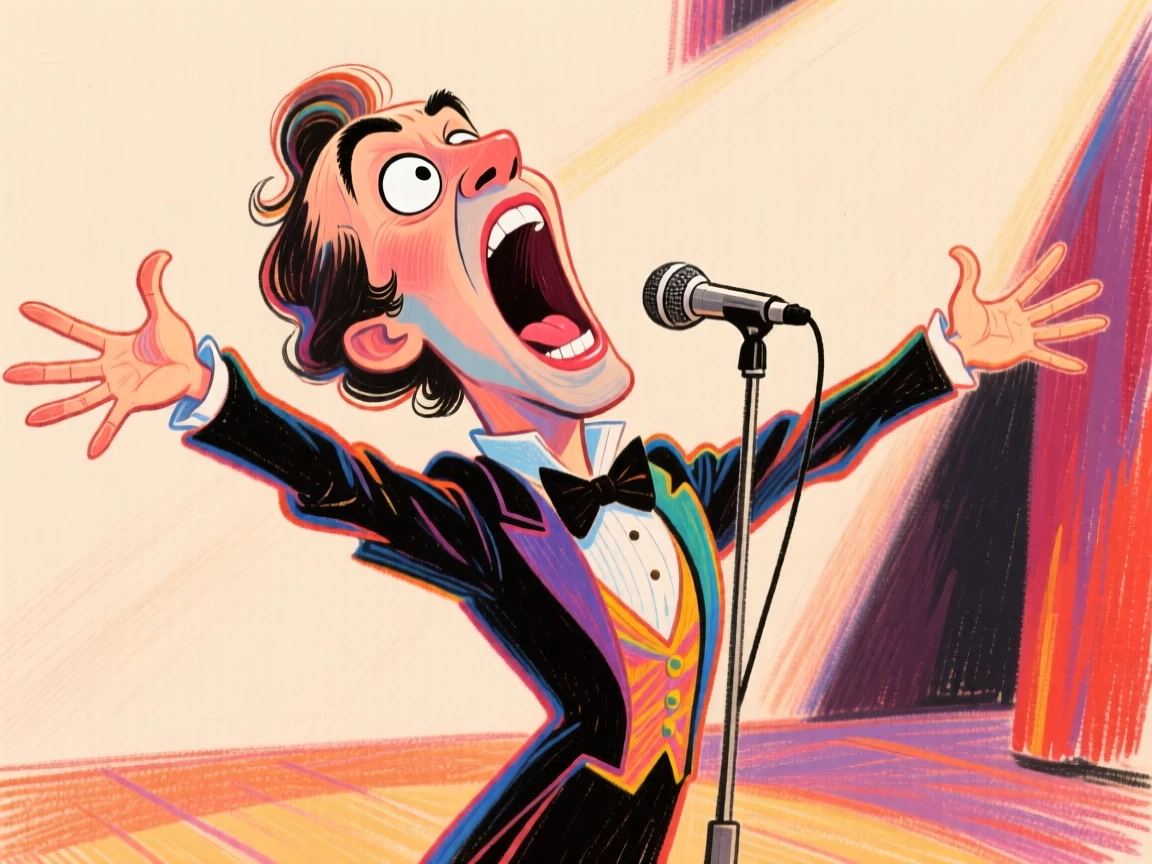 An opera singer hitting a dramatic high note, arms flung wide on stage.