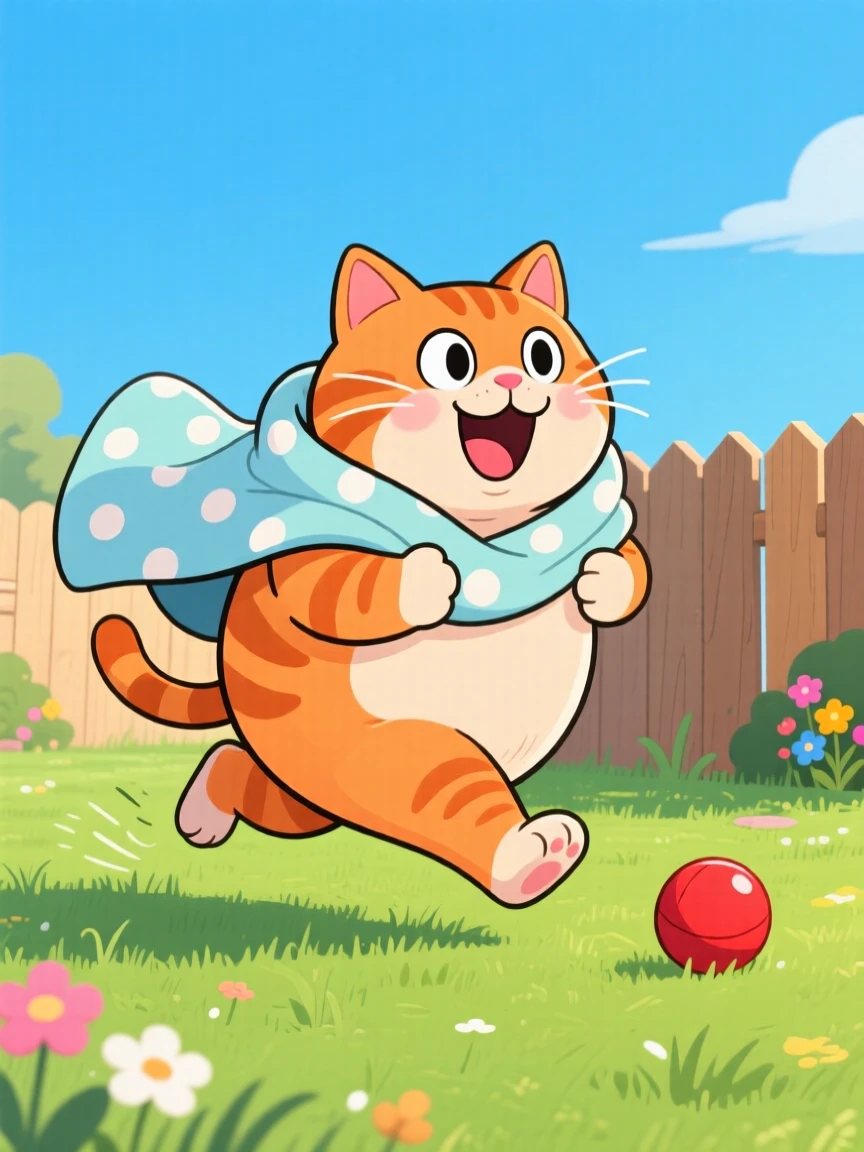 A playful pet moment featuring a plump orange tabby cat sprinting joyfully across a grassy backyard, wrapped in a cozy blanket.
