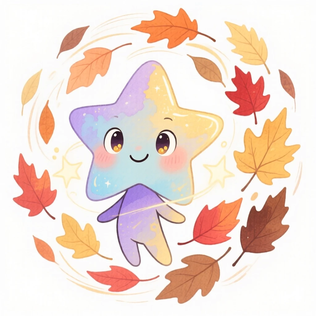A cosmic star-spirit commanding a swirl of autumn leaves like magic