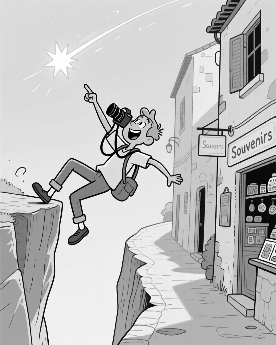 A photographer nearly toppling over a cliff for the perfect shot, pointing excitedly at a shooting star, set puttering down a narrow, sun-baked alley. A tiny souvenir shop peeks around the corner. There's a light, adventurous spirit running through the moment.