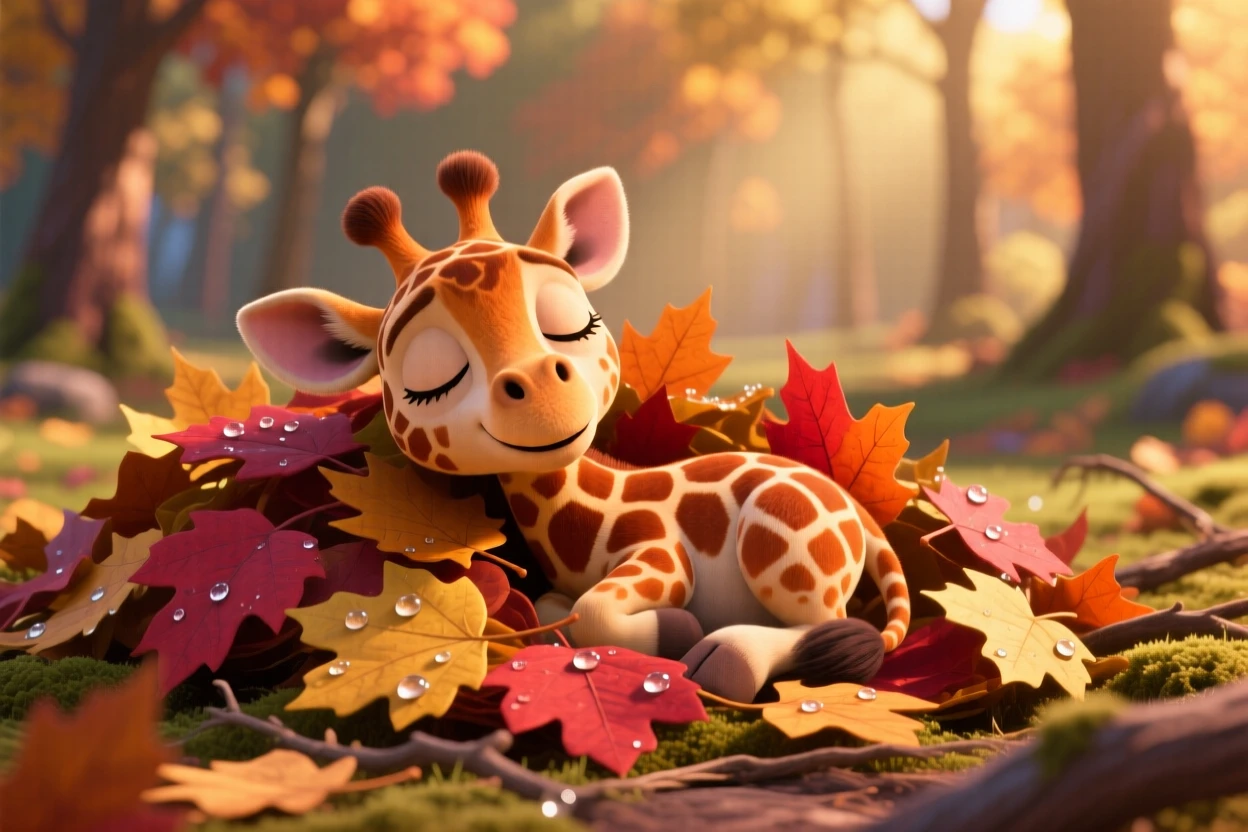 A spotted baby giraffe is peeking out from a pile of autumn leaves, blinking sleepily at the camera. Playful joy radiates from the small creature, with dew drops glistening nearby.