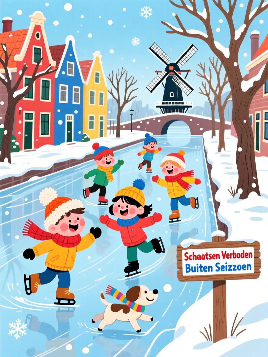 Children in the Netherlands ice skating along a frozen canal.