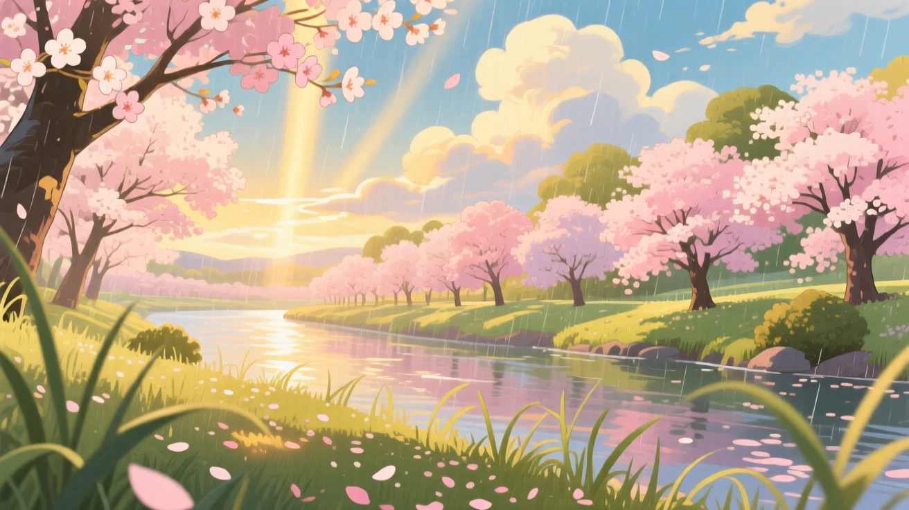 A breathtaking view of a cherry-blossom-lined riverbank, with sunlight breaking through scattered clouds in golden shafts, just after a rain shower, seen through a gentle foreground of grass.