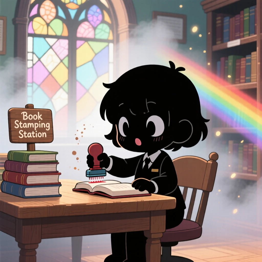 In a cozy library corner, a small librarian is stamping books at a wooden desk on a misty foggy morning, bathed in bright rainbow-tinted light, expression full of gentle surprise. Shot as a silhouette composition.