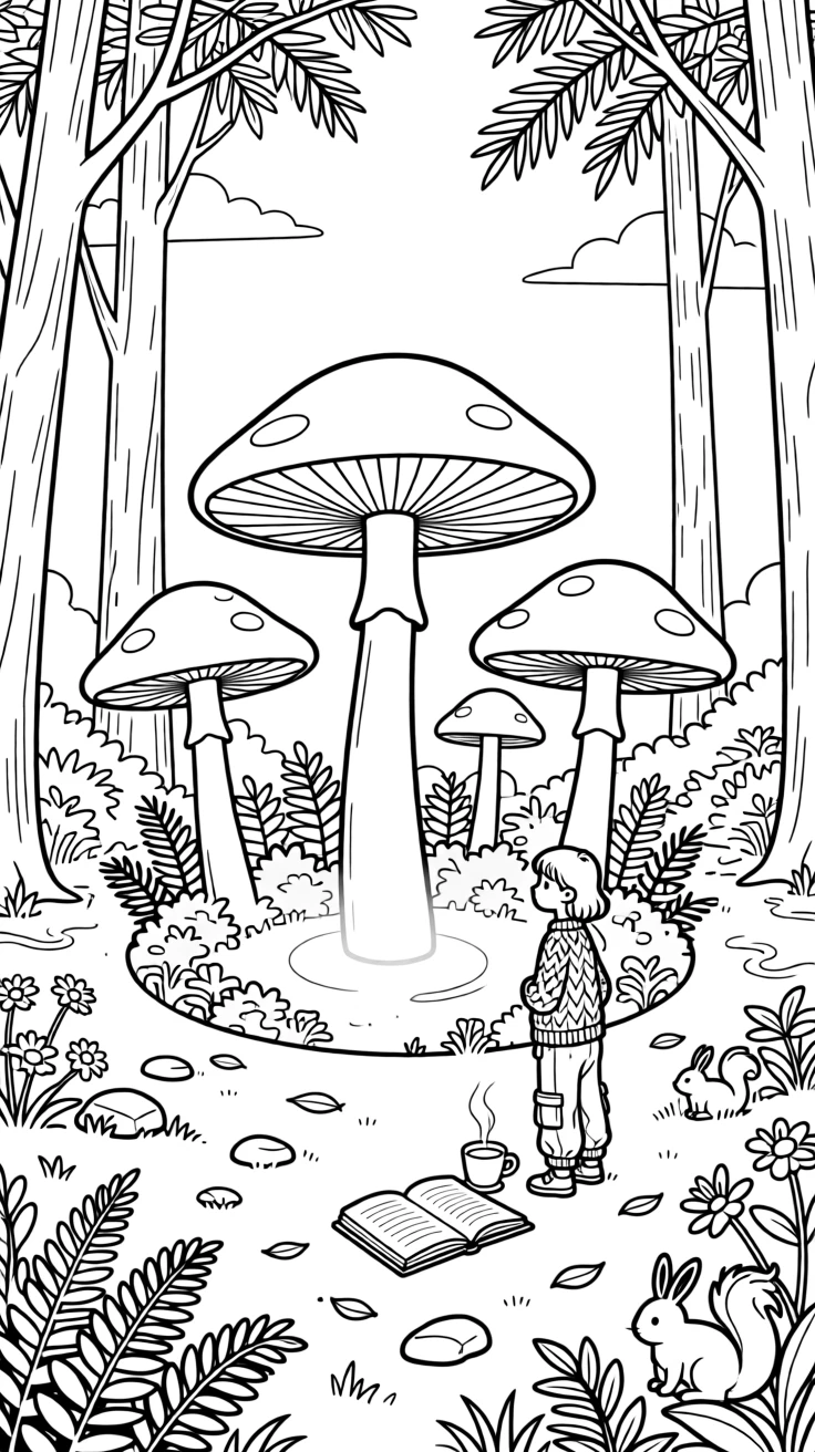 A mushroom circle glowing faintly in a forest clearing, with soft morning light filtering through the leaves.