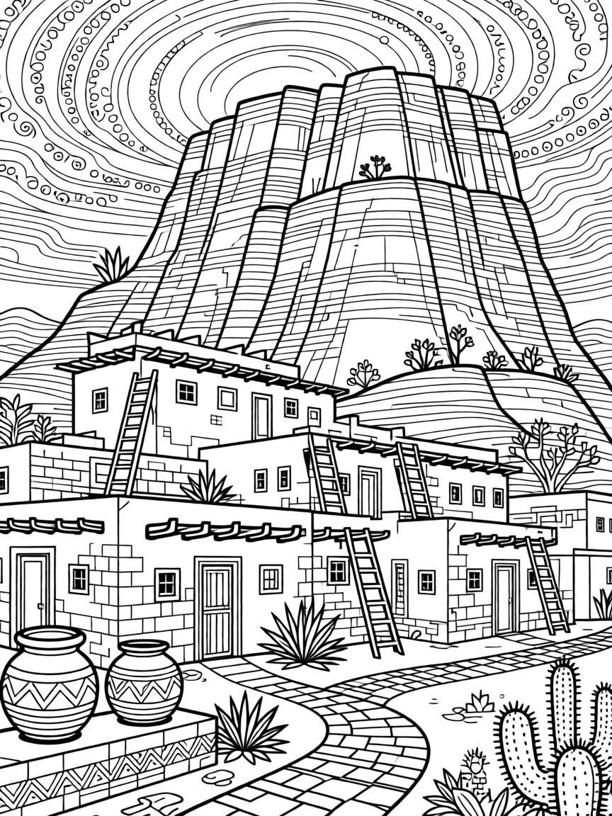 A traditional adobe pueblo village beneath a desert mesa.