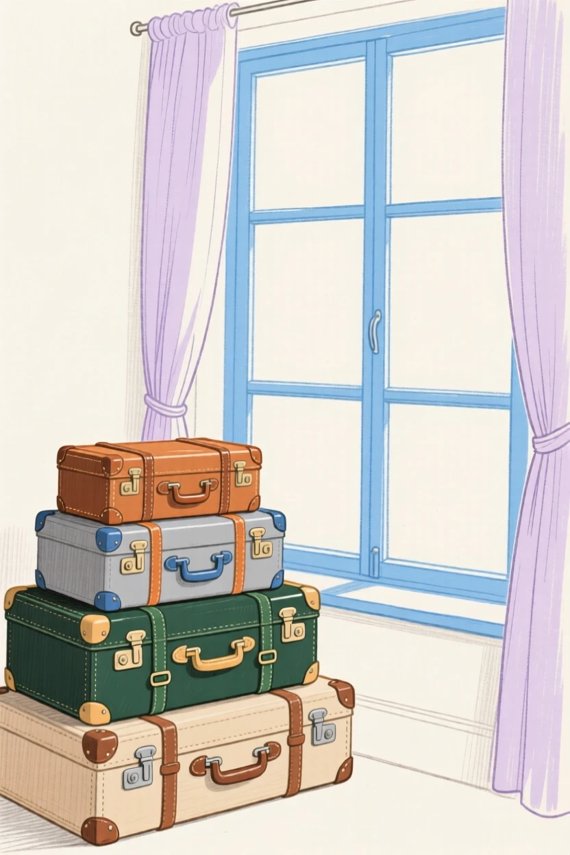 A stack of vintage suitcases beside a window.