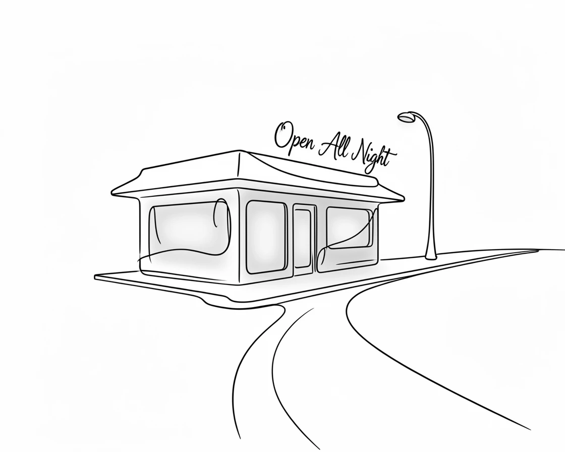 A late-night diner glowing warmly on an otherwise empty street