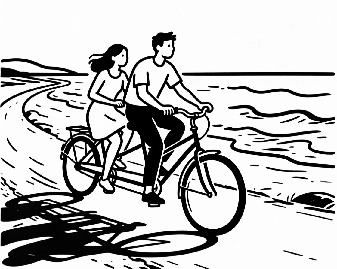 A couple riding a tandem bicycle along a coastal path.