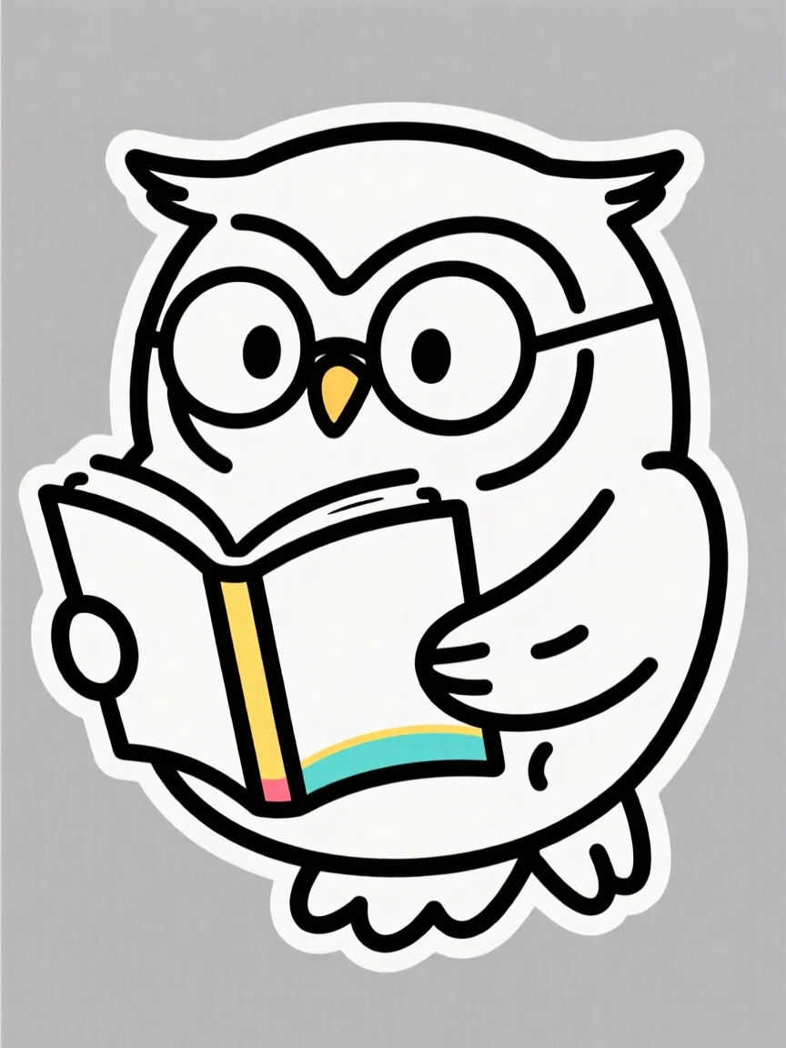 A round cartoon owl wearing tiny round glasses and reading a book.