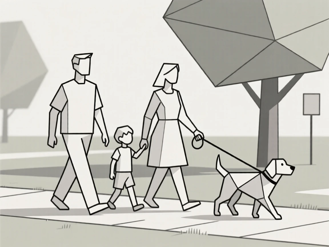A family walking their dog together in a park