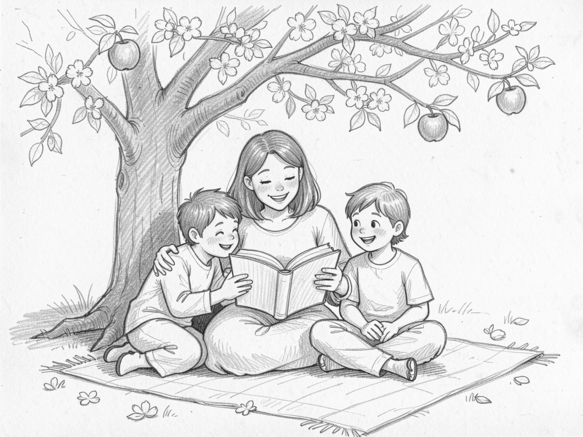 A mother reading a bedtime story to her children, beneath a blooming apple tree, filled with warmth and laughter.
