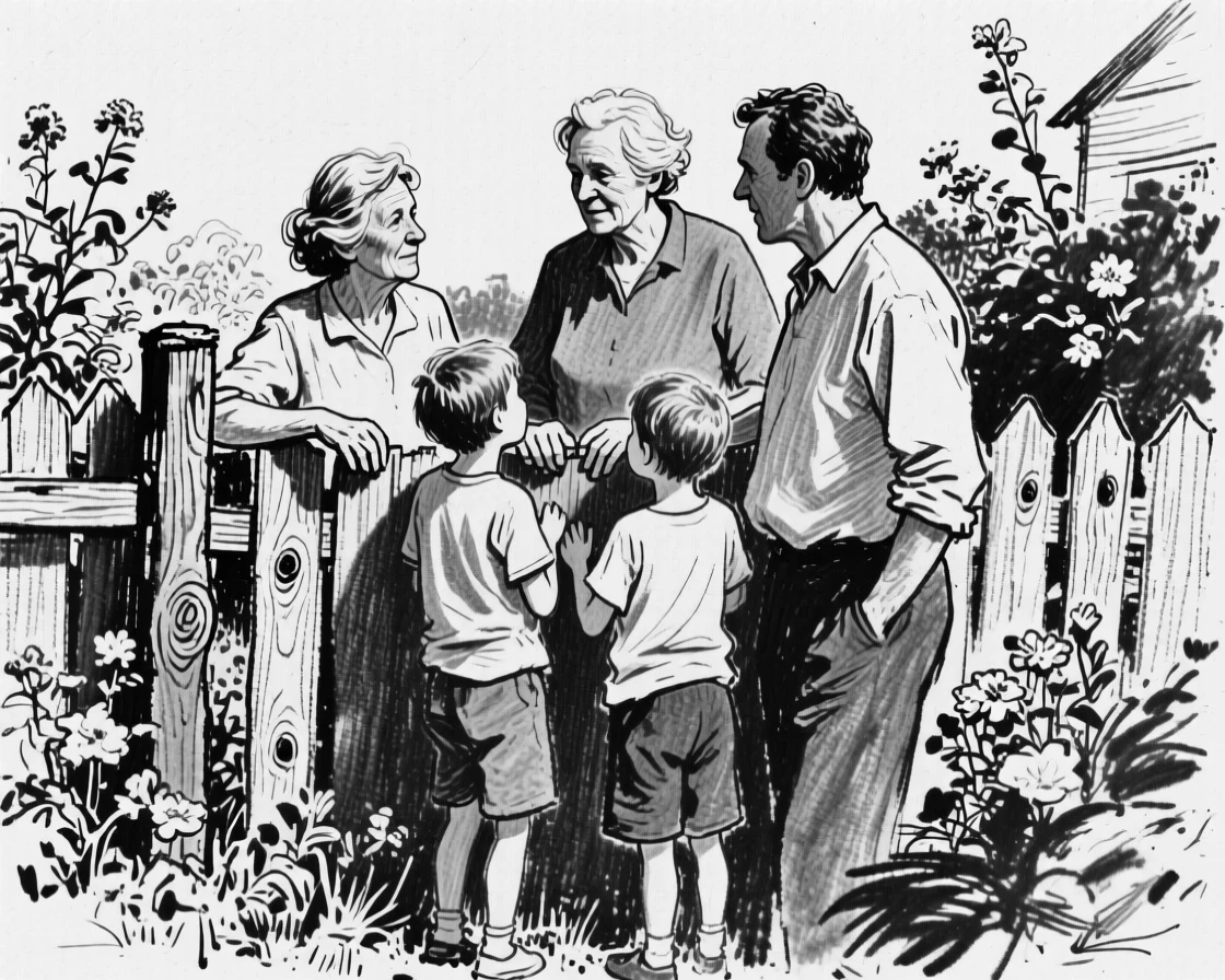 Neighbors chatting over a garden fence, with everyone gathered close together.