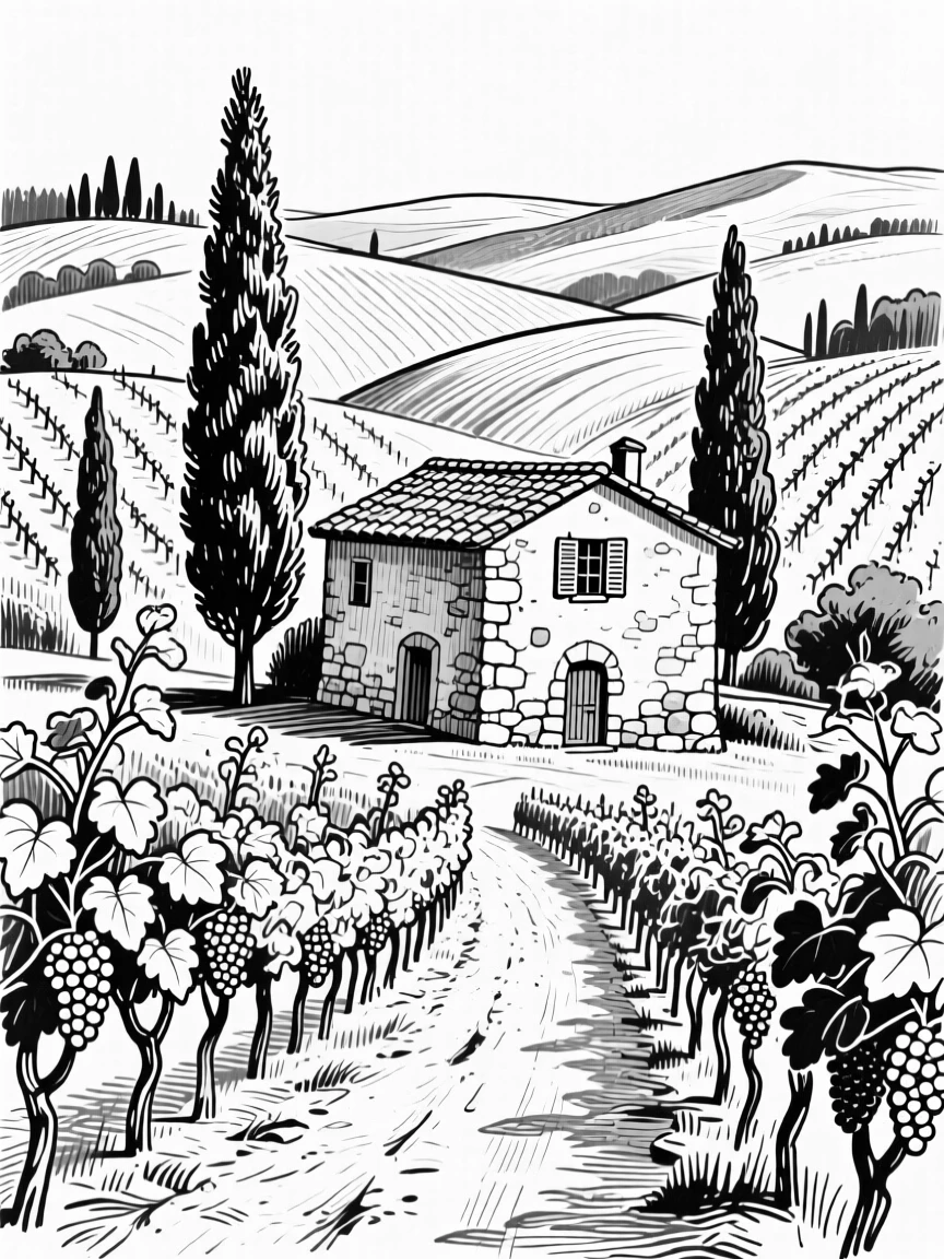 The rolling vineyards of Tuscany dotted with cypress trees and stone farmhouses.