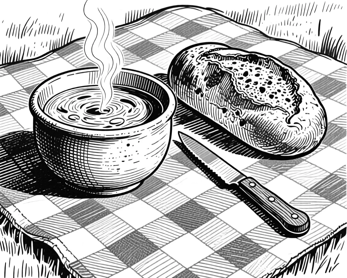 A bowl of soup with crusty bread resting on a checkered picnic blanket, with a knife resting beside it, presented in a cheerful and abundant culinary still life.