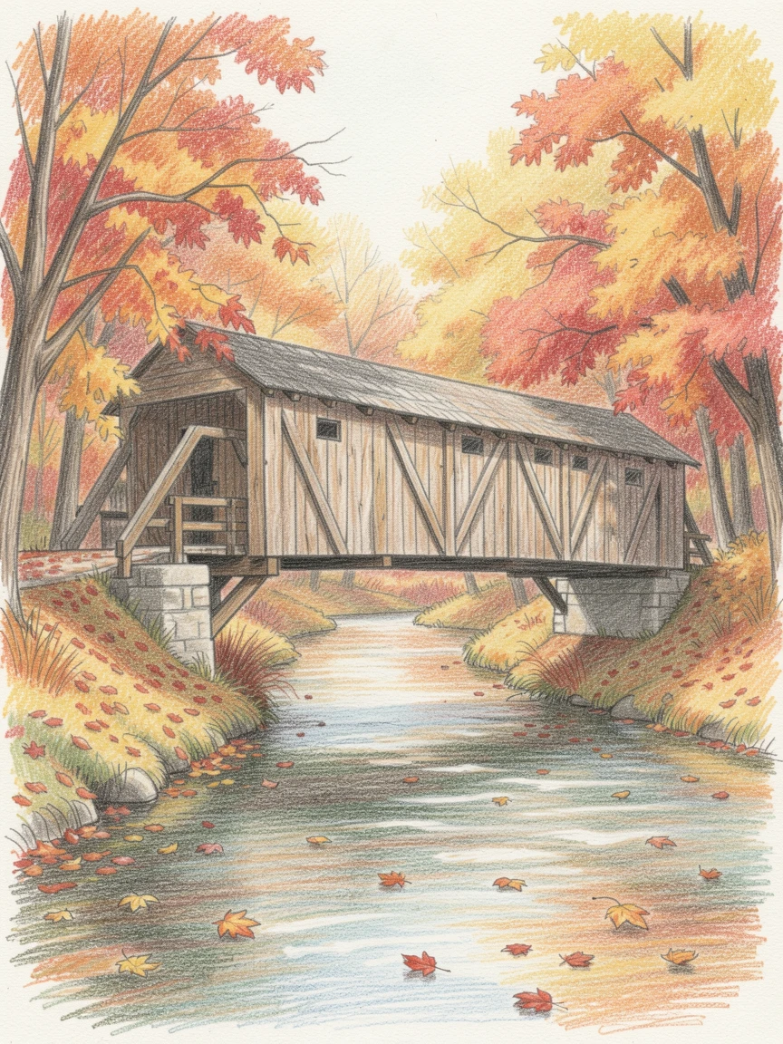 A covered bridge spanning a gently flowing creek in autumn, with soft, natural light bringing warmth to every detail, capturing a quiet story that lingers with the viewer.