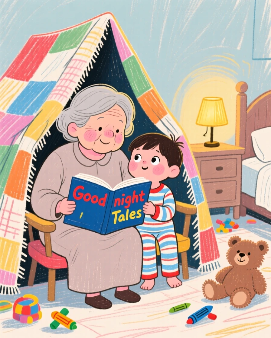 A grandmother and her grandchild reading a bedtime story under a blanket fort.
