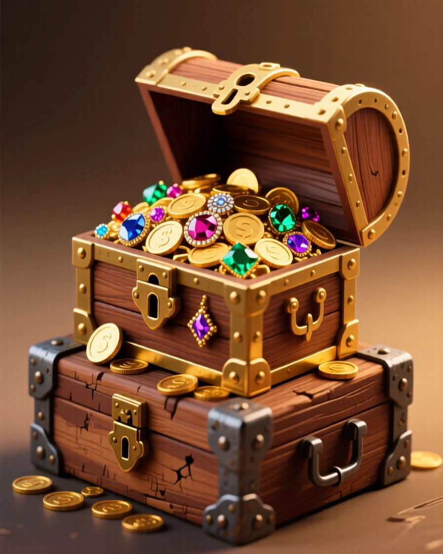 A wooden treasure chest filled with gold coins and jewels, arranged atop an antique wooden trunk, composed with a warm, nostalgic sense of stillness, with soft golden light highlighting fine craftsmanship.