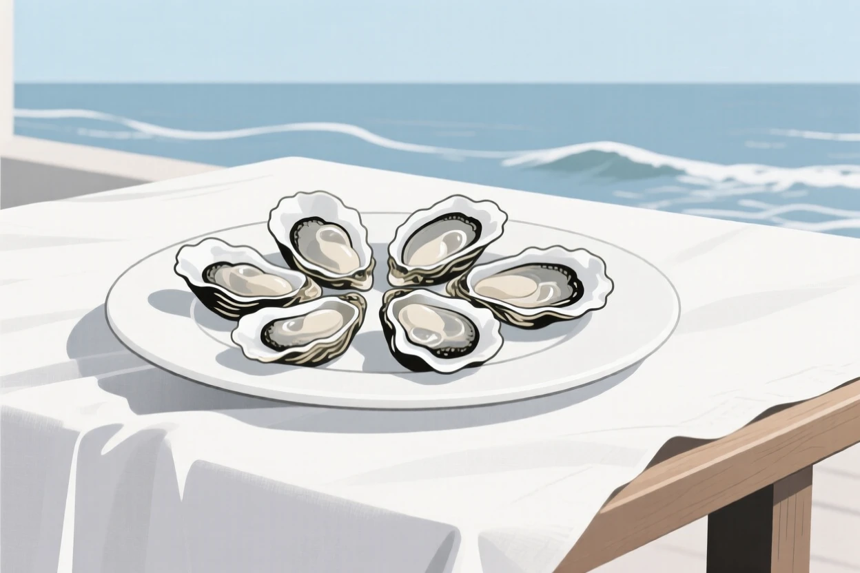 A plate of fresh oysters beautifully displayed on a linen tablecloth at a seaside restaurant.