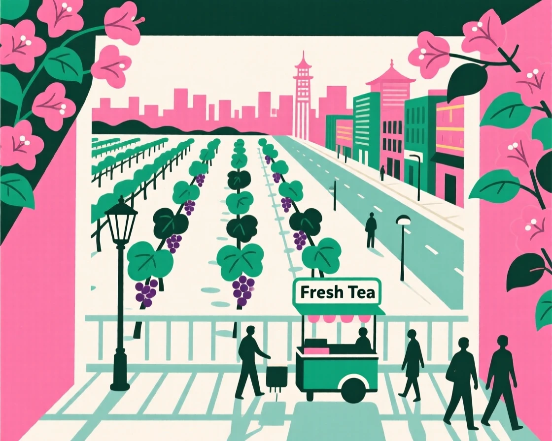 A view of a vineyard terrace at a vibrant Asian city street, framed by blooming bougainvillea, capturing wanderlust.