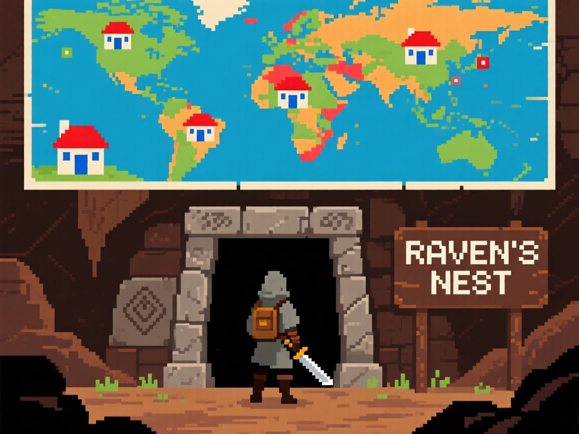 A lone adventurer discovering a hidden shrine deep underground, on a colorful world map dotted with towns.