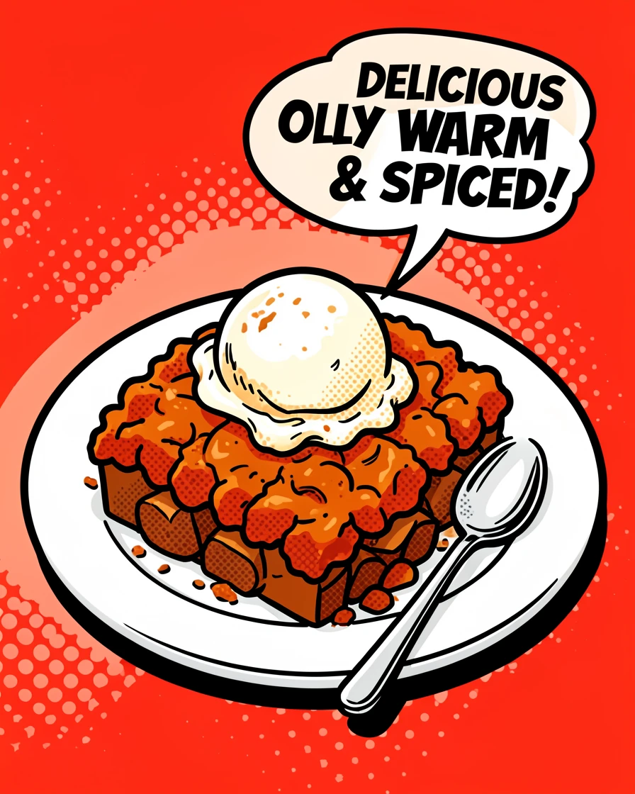 A plate of warm cinnamon-spiced apple crisp with vanilla ice cream