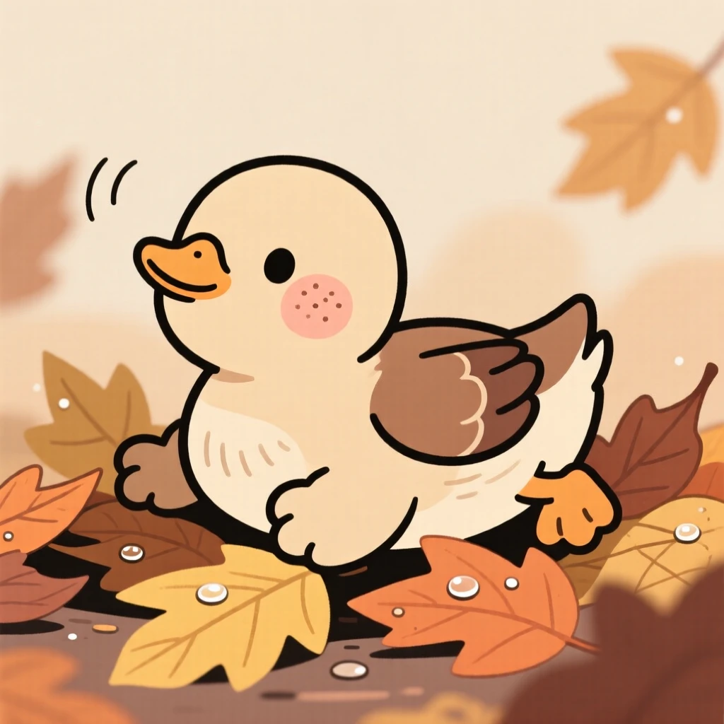 A sleepy duckling tumbling over its own paws in a pile of autumn leaves, pausing to look up with curious, gentle eyes as dew glistens on the leaves.