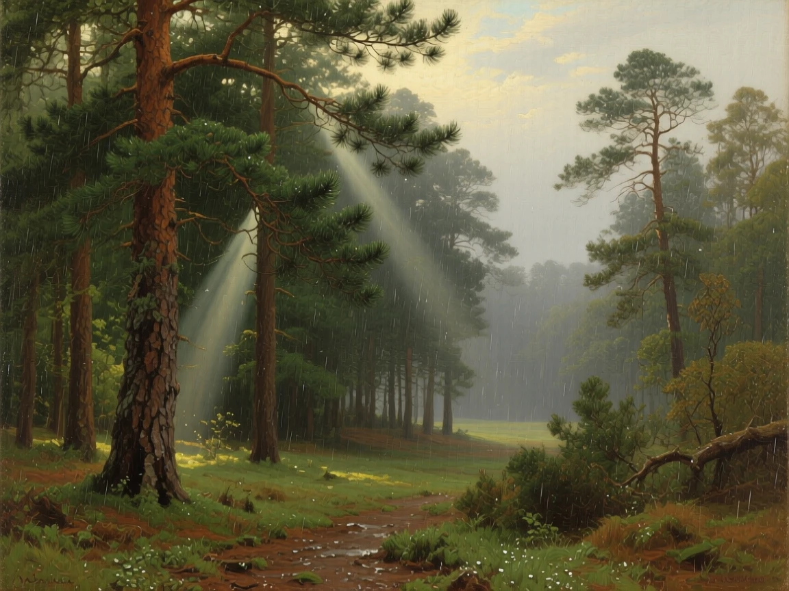 A sweeping wide shot of a dense pine forest with shafts of light breaking through the canopy, during a light rain, in the French countryside.