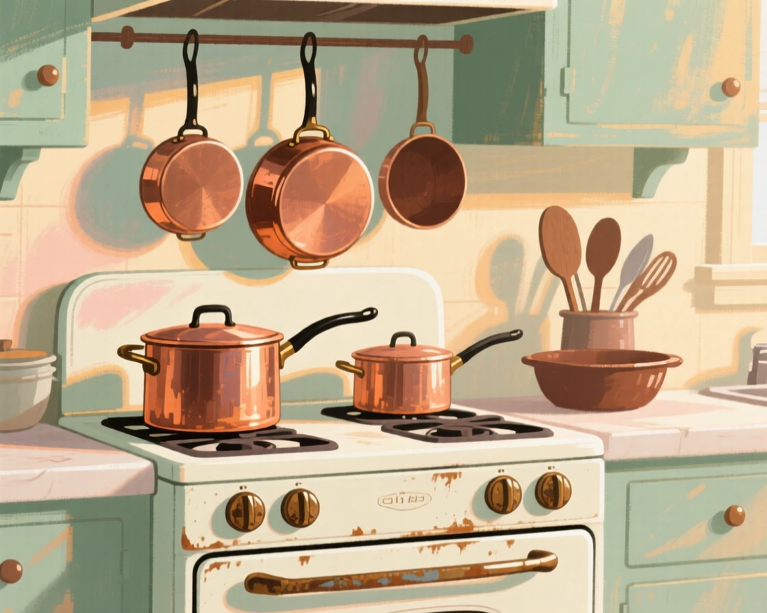 A vintage kitchen scene with copper pots hanging above a stove