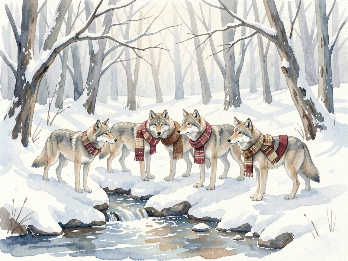 A wolf pack in a snowy forest beside a babbling brook wearing a cozy knitted scarf.