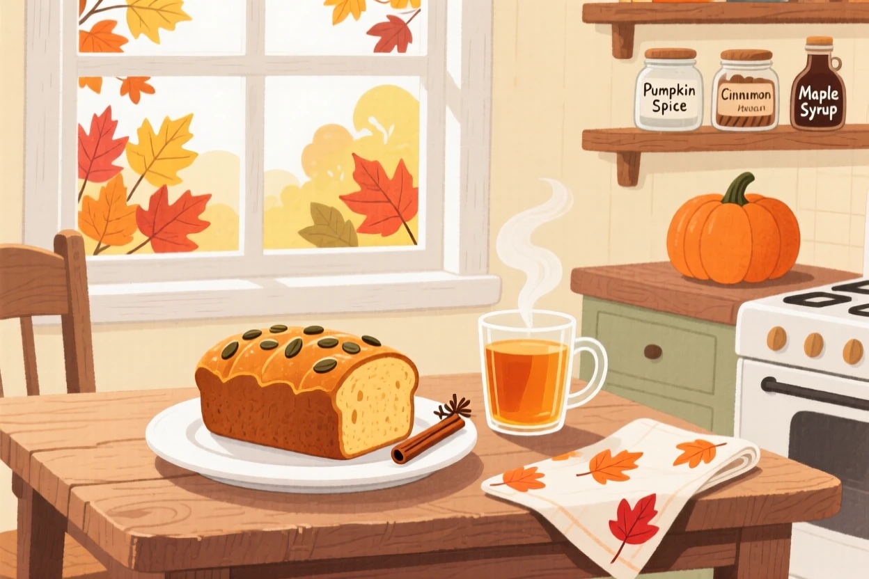 A heartwarming holiday moment: a cozy autumn breakfast with pumpkin bread and warm cider.