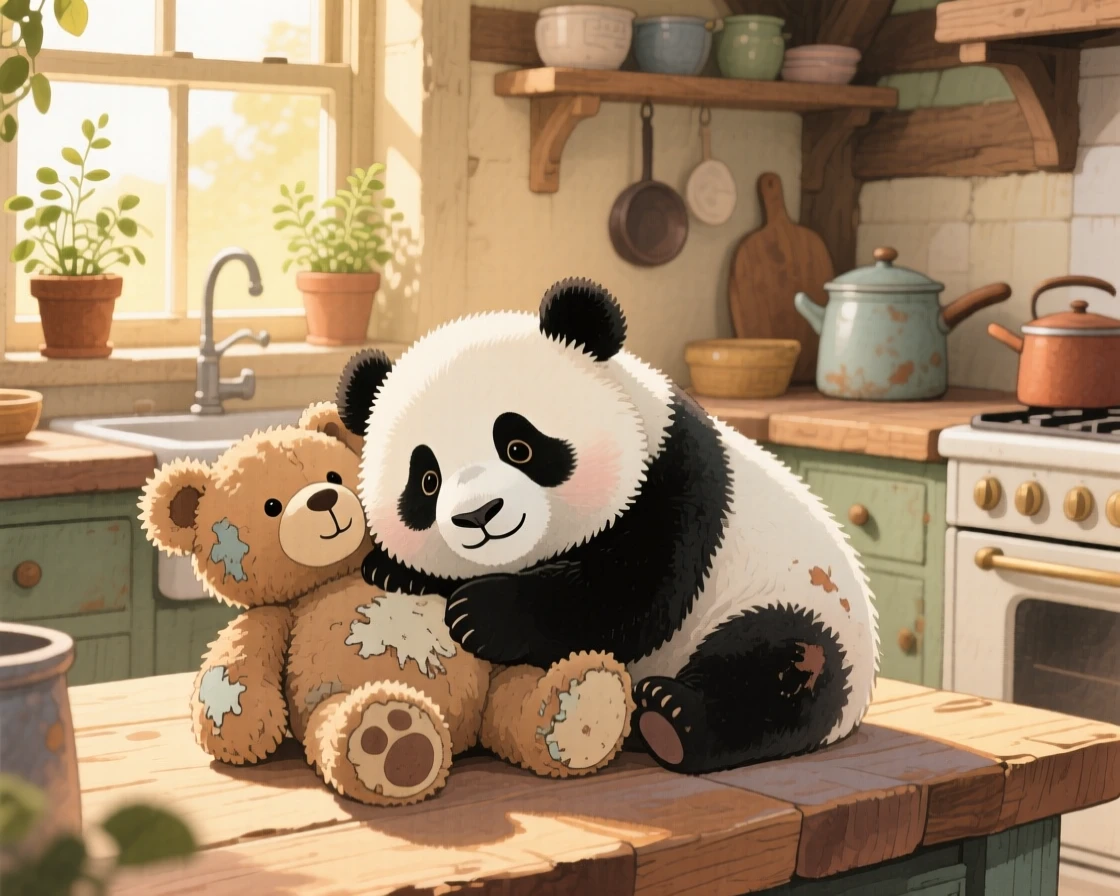 A chubby panda cub resting its head on a favorite worn-out teddy bear, set in a cozy farmhouse kitchen with morning light streaming in, showing unconditional love and loyalty.