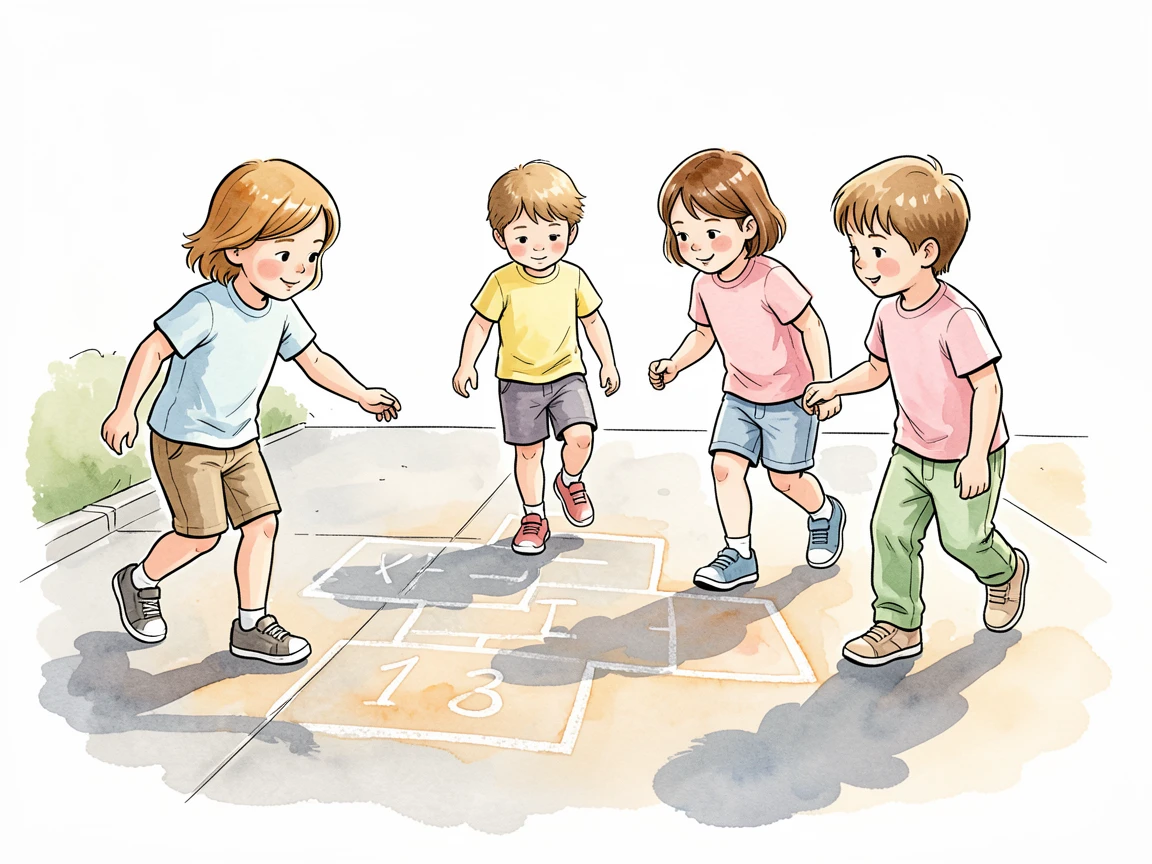 A group of children playing hopscotch on a chalk-drawn sidewalk, gentle expressions capturing a fleeting, genuine moment.