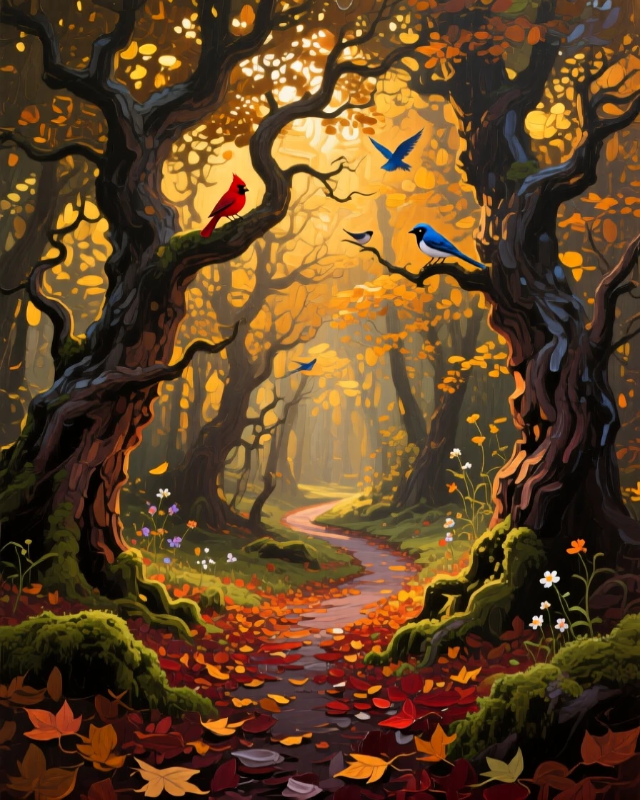 At golden hour, warm light filtering through the leaves, a dark, fairy-tale forest with twisted, gnarled trees, along a trail carpeted with fallen leaves, birdsong echoing through the still air.