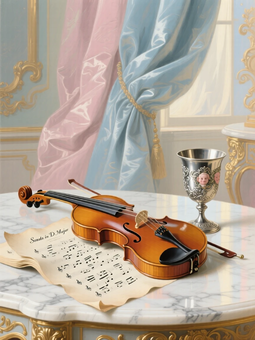 A violin, sheet music, and a silver goblet on a marble table  