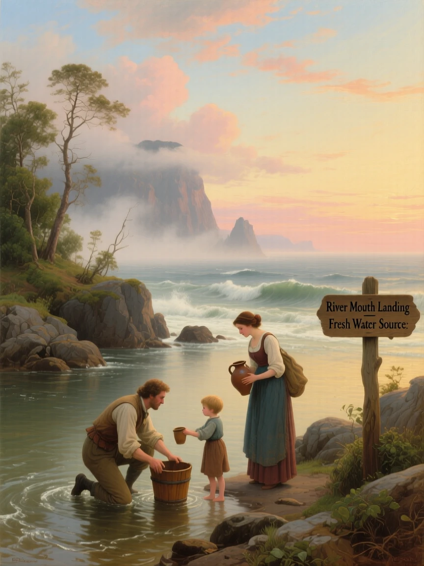 A family of travelers gathers water from a river mouth opening onto the ocean as mist rises off the water.